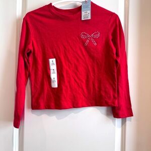 Cat & Jack Red Long Sleeve Tee Shirt Top Silver Bow Girl Kids Size 8 New NWT